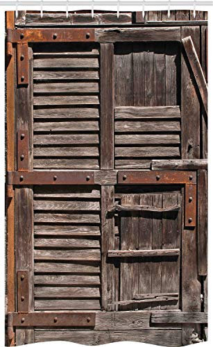 ABAKUHAUS Rustikal Schmaler Duschvorhang, Hölzerne Italienische Tür, Badezimmer Deko Set aus Stoff mit Haken, 120 x 180 cm, Umbra Braun