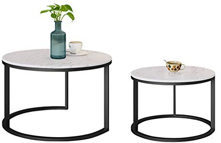 Säulentische für Wohnzimmer, Marmorplatte, Schwarzer Metallrahmen, Moderne runde Sofatische, Ø 55 x 40 cm + Ø 70 x 45 cm