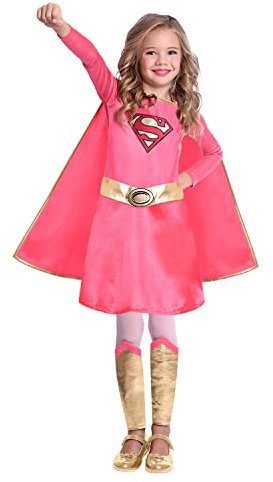 Amscan - Kinderkostüm pinkes Supergirl, Kleid, Umhang, Beinstulpen, Superheldin, DC Super Heroes, Motto-Party, Karneval