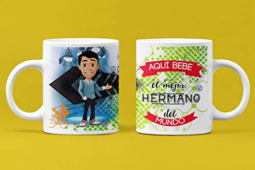 Taza de Desayuno Personalizadas y Divertidas Regalo para Los Hermanos. -Aquí Bebe el Mejor Hermano del Mundo.- Regalo Original para Hombres con frase. 350 ml. (Hermano Moreno)