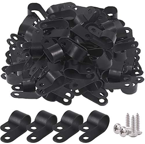 Glarks 120Pcs 1/2 Inch Black Nylon Screw Mounting R-Type Cable Clip Wire Clamp with 120Pcs Screws for Wire, Cable, Conduit and Cable Conduit Kit (Black)