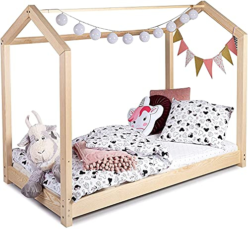 Sanmar Kinderbett Bett Hausbett 90x200 Alex Lattenrost Bettgestell aus Kiefer Holz für Haus Kinder Jungen & Mädchen - Holzbett Baby Kinderzimmer Junge Deko (Rausfallschutz: KEIN)