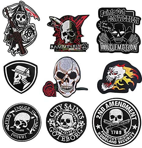 VETPW 9 Groß Schädel Design Patches Flicken zum Aufbügeln, Patch Sticker Bestickt Aufnäher Applikationen Zum Nähen Oder Aufbügeln für Kleidung, Rucksäcke, Jacken, Jeans, Hüte, Repariere das Loch