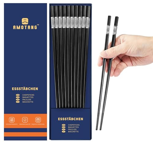 AMOTANG 5 Paires de Baguettes, Baguettes Réutilisables en Fibre de Verre, Baguettes Antidérapantes et Lavables au Lave-Vaisselle avec Métal Sculpté Chinois 'FU' Argent, 24cm - Chinois 'FU' Argent