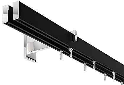 DécoProfi Gardinenstange Innenlauf 2-läufig Set Long rechteckig Schwarz/Verchromt I Länge: 120cm Aluminium für Wandmontage I Als Gardinenschiene & Vorhangstange geeignet