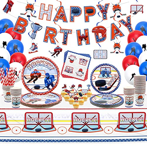 Hockey-Party-Dekorationen – Eishockey-Geburtstagsfeier-Set mit Tellern, Bechern, Servietten, Tischdecke, Wirbel zum Aufhängen, Luftballons, Banner für Kinder-Hockey-Fans zum Geburtstag