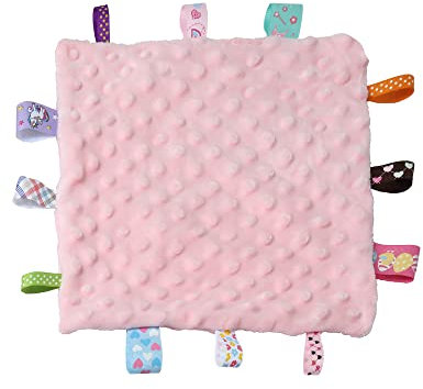 CREVENT Tag Sicherheitsdecken für Babys, weiche kleine Liebe für Mädchen, Babydecke, sensorische Decke, tolles Geschenk für Geburtstag, Babyparty, 25,4 x 25,4 cm (Rosa, Kinderbett)