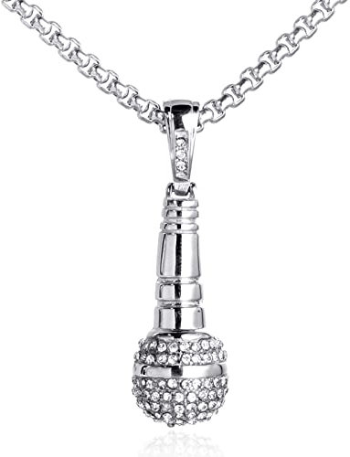 Host Singer Microphone Long Men Necklace Pendant Punk for Boyfriend Male Titanium Steel Hip hop Rock Jewelry Creativity Gift
