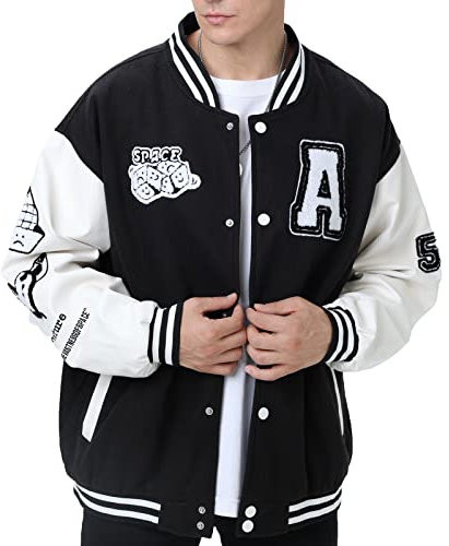 Eocicvvi Herren College Jacke Übergangsjacke Damen Freizeit Jacke Harajuku Stil Sportjacke Streetwear Stehkragen Herbst Frühling mit Taschen（Schwarz,XL