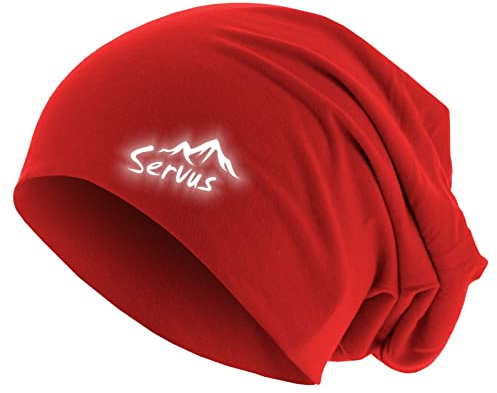 Roughtex Friendly Beanie SERVUS Unisex Jersey Mütze zweilagig Baumwolle reflektierend Bedruckt Rot OneSize (M/L)