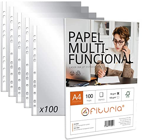 Transparente A4-Kunststoffhüllen, Packung mit Mehrloch-Kunststoffhüllen für Blätter + Packung mit A4-Blättern mit 100 Blatt à 90 g Mehrzweck – Ofituria (100 Kunststoffhüllen + 100 Blatt 90 g)