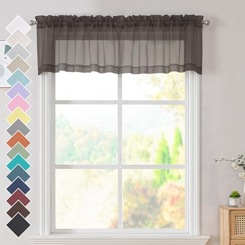 OVZME 2 Panels of Transparent Chocolate Brown Valance - Short, Translucent Valances for Windows, Basement, Semi-Transparent Valances for Kitchen, Window Decoration with Double Rod Pocket