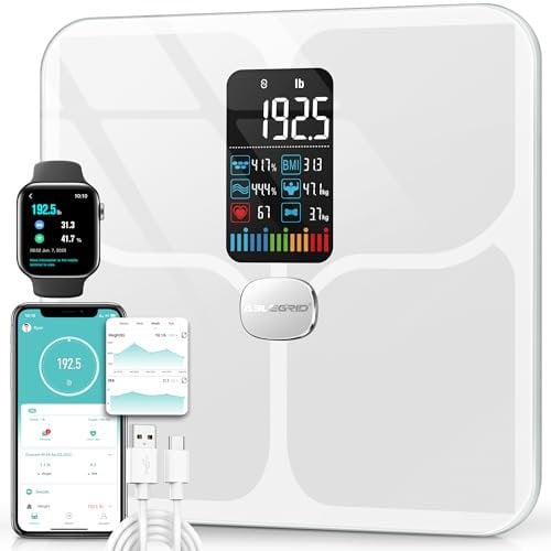 ABLEGRID Body Fat Scale,Digital Smart Bathroom Scale for Body Weight,Large Color Display Screen,16 Body Composition Metrics BMI,Water Weigh,Heart Rate,Baby Mode,400lb,Rechargeable (White)