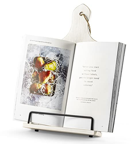 FANATU Kochbuchständer, rustikaler Holz-Kochbuchhalter, Schneidebrett-Stil, verstellbarer Rezept-iPad, Tablet, Buchhalter und Ständer für die Küche, mit rutschfestem Ständer, Weiß