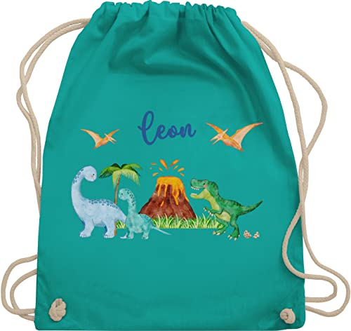Turnbeutel Rucksack - Geschenk Dinosaurier personalisiert mit Name I Dino I Dinos - Unisize - Türkis - sportbeutel junge kita beutel für wechselwäsche tier trex stoffbeutel