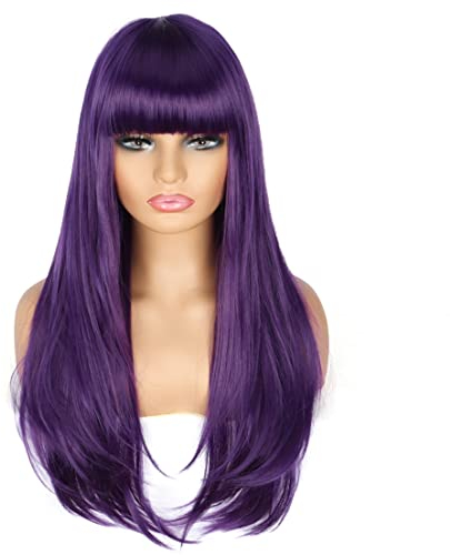 PORSMEER 70cm Lange Gerade glatt Cosplay Lila Perücken mit Pony für Frauen Mädchen Natürliche Kunsthaar Wig für Karneval/Fasching Halloween Kostüm Party