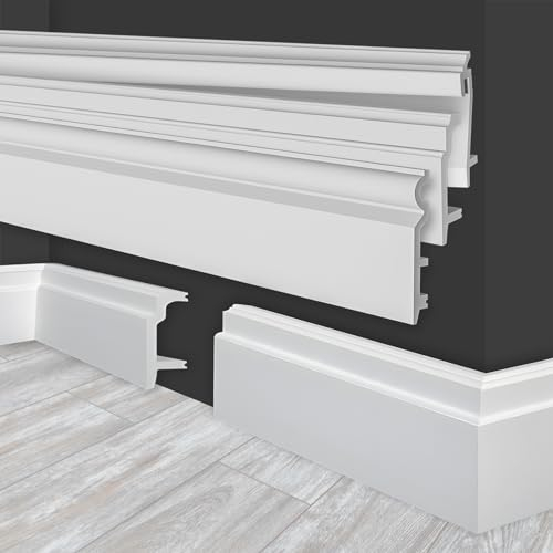 MARBET DESIGN Battiscopa in plastica bianca HDPS - Profilo da 2 metri per battiscopa Finitura pavimenti Listelli Finitura pavimenti Canalina cavi (HF-1 108x24 mm, Campione)