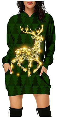 Weihnachtskleid Damen Merry Christmas Hoodie Kleid Damen Weihnachtspullover Weihnachtskleider Pulloverkleid Rentier Pailletten Print Kapuzenpullover Kleid Langes Weihnachts Pulli Kleid Weinachtspulli