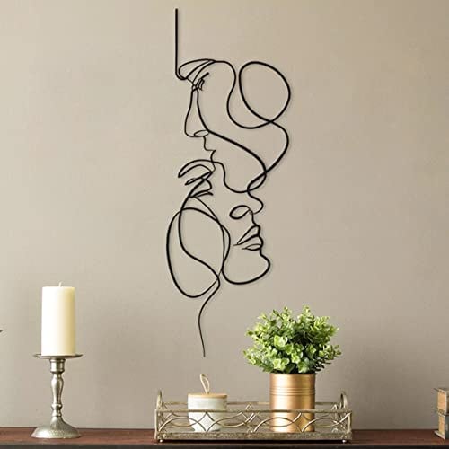 Decorazione artistica da parete in metallo, moderna e minimalista, linea del viso, decorazione da parete astratta con donna in ferro, scultura da parete con linea nera, decorazioni da appendere alla