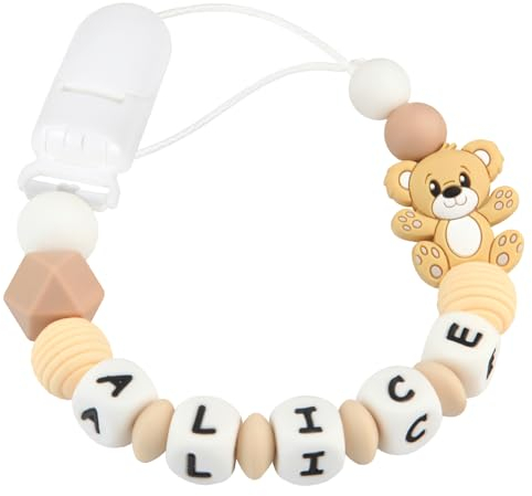 Kowlone Schnullerkette mit Namen Jungen mädchen Silikon Beißring Personalisiert Teddy Bär Schnuller Clips Halter(Braun)