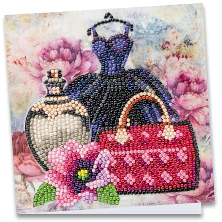 Ideen mit Herz Diamond-Painting-Grußkarte | 16 cm x 16 cm | 370 g/m² | Inkl. Umschlag & Werkzeug (Kleid mit Handtasche & Flakon)