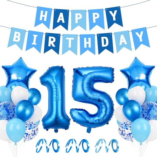 Luftballon 15. Geburtstag Blau - Happy Birthday Folienballon, Riesen Folienballon Zahl 15, Ballon Deko, Geburtstagsdeko Jungen 15 Jahr