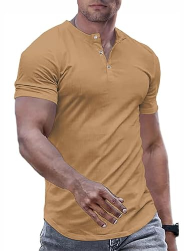 JMIERR Herren Henley-Hemden Muscle Slim Button T-Shirts 2024 Sommer Rippen Kurzarm Sport T Shirt Braun L