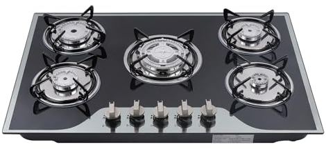 Konfiur Hornillo de gas de 5 llamas, placa de cocción empotrable con 5 boquillas, cristal templado de 8 mm, GPG/NG, para casas o restaurantes, 770 x 510 mm, color negro