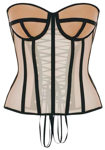 WS Waist Secrets Perfect Corset NYC OVERBUST Mesh Corset Top Lace up with 15 Steel Boned (Color Beige, M)