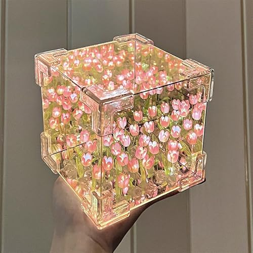 EONANT Tulip Spiegel Nachtlicht 20-Blumen, Würfel Tulpe Blume Meer Nachtlicht und Spiegel 2-in-1 Schlafzimmer LED dekorative Tischleuchte, kreative Geschenke für Mädchen, Freunde (Rosa)