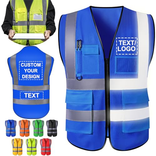 ShAxzHen Sicherheitsweste für Herren und Damen, mit Logotaschen, personalisierbar, hohe Sichtbarkeit, schützende Arbeitskleidung mit reflektierenden Streifen, blau, M