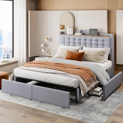 Merax Bett 140 x 200 cm mit Aufbewahrung und USB-Steckdose, Rahmen mit 4 Schubladen und Lattenrost, Grau (ohne Matratze)