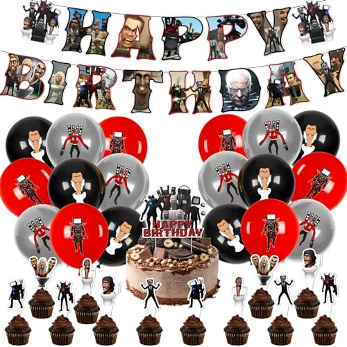 Skibidi Toilet Birthday Banner & Cake Toppers - 32PC Happy Birthday Decorations for Kids