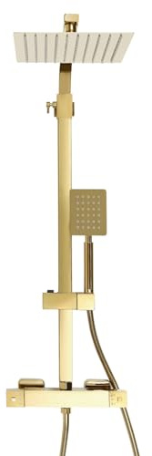 banborba Ensemble de douche à effet pluie, Mitigeur Thermostatique, système de douche avec thermostat, grande douche à effet pluie, en acier inoxydable, style rétro, doré