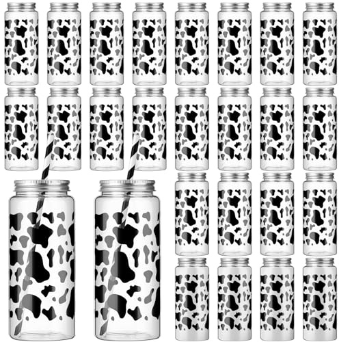 Chuangdi 24 Sets 14 oz Cow Theme Plastic Milk Bottles with Straws and Metal Lids 24 Plastic Bottles 25 Paper Straws Tumbler Reusable Jar Containers for Baby Shower Birthday Supplies(Black,cow)
