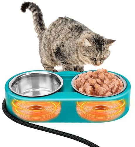 Lonepetu Outdoor Heated Cat Bowl, 42 OZ Heated Water Food Bowl for Cats in Cold Winter, Pet Heated Water Feeder for Kitty Feral Cat Provide Hot Water and Food with 2 Removable Stainless Steel Bowls