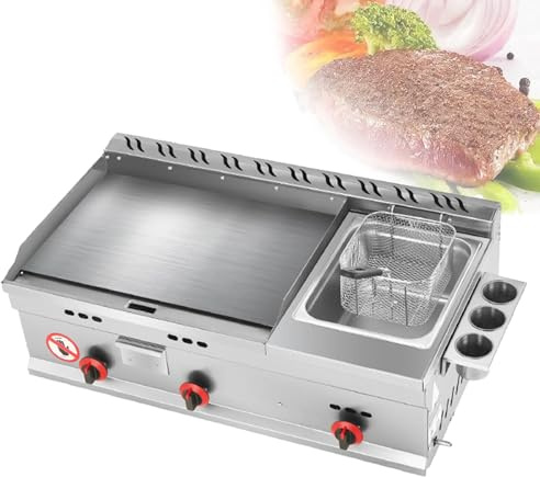 Fitlin Commercial Gas Griddle, Countertop Flat Top Griddle Stainless Steel Grill, Teppanyaki Fry Pan with Adjustable Temperature, Kitchen LPG Gas Grill for Outdoor Catering