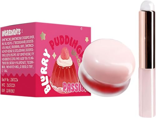 Lip Pudding Pot,Lip&Cheek Blurry Pudding Pot with Silicone Lip Brush,Blurring Pudding Pot Lip Mud,Buildable Lightweight,Waterproof Non-Stick Cup Long Lasting Lip Clay Cute Lip Makeup (03#Passion, 3g)