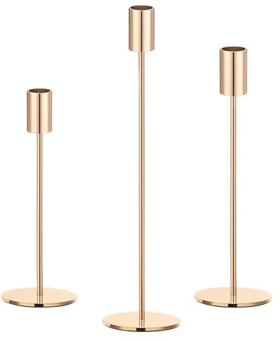 Filltown Gold Kerzenhaltern Set 3, Kandelaber Stabkerzen 32/27/22CM, Dekorativer Vintage-Kerzenhalter aus Metall für Kaminsimse, Hochzeiten, Abendessen, Geburtstage, Tischmitte, Wohnkultur