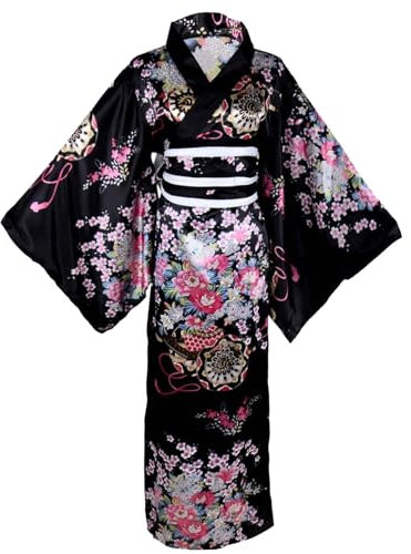 Yukata für Damen, japanischer Kimono mit Blumenmuster, seidig, bequem, hautfreundlich, mit Kimonogürtel, Kyoto, traditionelle Blütenkimono-Roben für Party, Cosplay, Requisiten (schwarz), japanisc