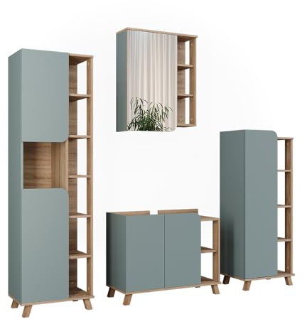 Vicco Badmöbel-Set Karen, Sonoma/Blau 80 cm | 4-teilig · Waschtischunterschrank · Spiegelschrank · Hochschrank · Midischrank