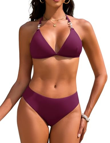 Vijamiy Triangel Bikini Damen Set Sexy Push Up Zweiteiliger Bademode String Bikinis für Damen Neckholder Swimsuit Träger Oberteil mit Riemen Perlen(Lila Rot,S)