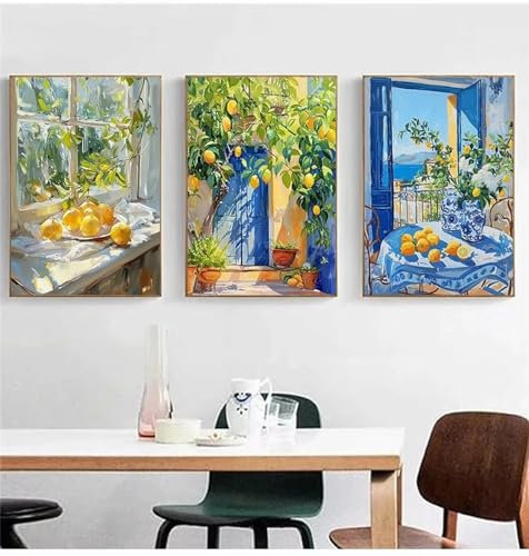 LZJAGXX Affiche de paysage côtier avec citronnier méditerranéen, fruits, nature morte, peinture sur toile, art mural, décoration de cuisine, maison, 60 x 80 cm, sans cadre
