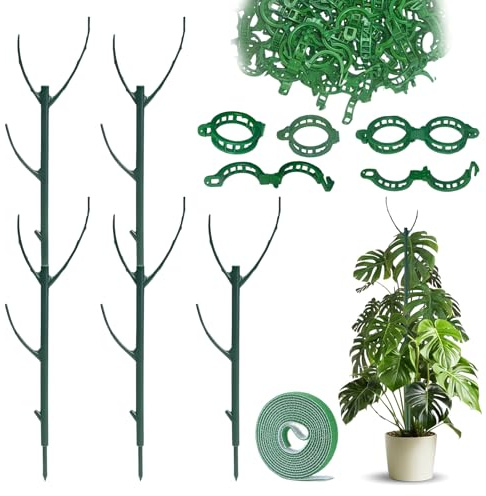 sanzkjic 5 Pack Adjustable Plant Support Stakes – Stackable Indoor Outdoor Supports with Clips for Climbing Plants, Tall Potted Plants & Monstera, Easy No-Tools Assembly for All Gardening Needs