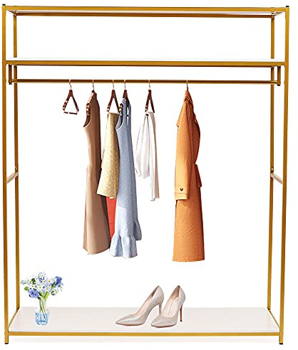 Gold Kleiderständer mit Untergestell, 145x40x180cm Luxus Kleiderbügel Stabil Schwerlast Kleiderstange Metall Quadratisch, 3 Regale Kleiderständer für Kleidung Handtücher Schals Taschen und Schuhe
