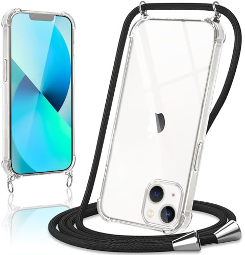 Coiwxmoi Coque avec Cordon pour iPhone 13 Mini, Collier Réglable Téléphone Étui Portable Lanyard Case Transparent Ultra Souple Silicone Housse Antichoc Protection Cover pour iPhone 13 Mini 5,4, Noir