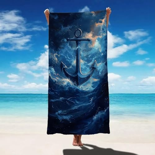 Strandtuch 220x100 cm Mikrofaser Handtuch, Strandtuch Blau Anker Saunahandtuch Saugfähig Sandfreies Schnell Trocknendes Stranddecke, Weiches Strandhandtuch xxl für Damen Herren Reise Urlaub P-876