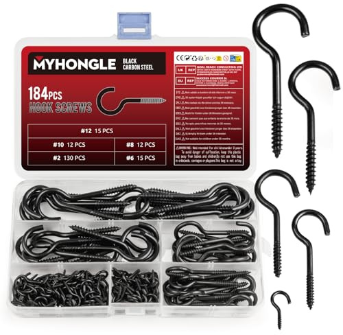 MYHongLe 184 Stück Schraubhaken zum Schrauben, Deckenhaken, Hakenschrauben mit Holzgewinde, Metall Einschraubhaken mit Gewinde Schraubenhaken für Hängende Pflanzen Teetassen Schlüssel (184)