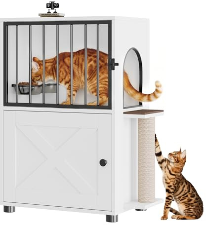 Dog Proof Cat Feeding Station, Dog Proof Cat Feeder, Cat Food Table, White | Cat Feeding Station with Scratching Post, Elevated Food Bowls with Stand, Cat Tree with Food Storage, Cat House