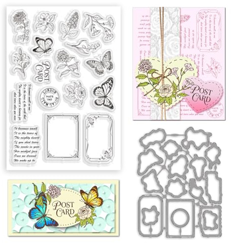 BEUNITONE Vintage-Stempel- und Stanzformen-Set, gemischte Elemente, klare Stempel, Karbonstahl, Stanzformen für Scrapbooking, Kartenherstellung, mit Hortensien, Rahmen und Gefühlen